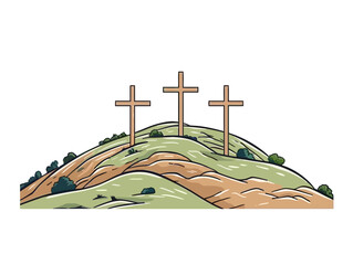 Doodle Three crosses on the hill, cartoon sticker, sketch, vector, Illustration, minimalistic