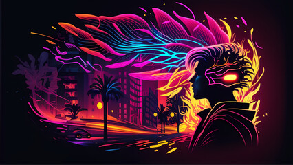"Illustration with Neon Style and a Retro Twist"