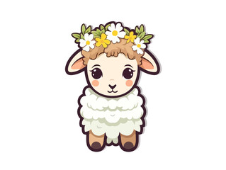 Doodle Lamb with flowers, cartoon sticker, sketch, vector, Illustration, minimalistic
