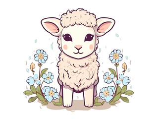 Doodle Lamb with flowers, cartoon sticker, sketch, vector, Illustration, minimalistic