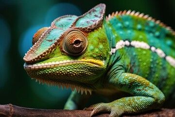 Fototapeta premium Artistic Green chameleon closeup digital. Garden pet. Generate Ai