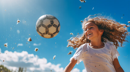 Naklejka premium a girl plays soccer and is beaming with joy