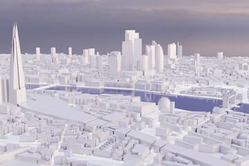 Aerial view of downtown London with financial district and Tower Bridge at sunrise. Low poly illustration of white frosty cardboard buildings.