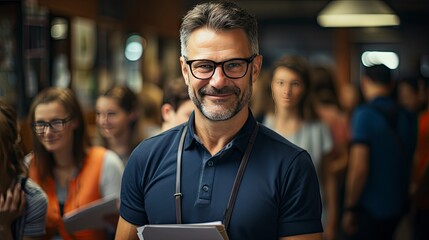 Smiling man in crowd, emanating confidence amid bustle.
