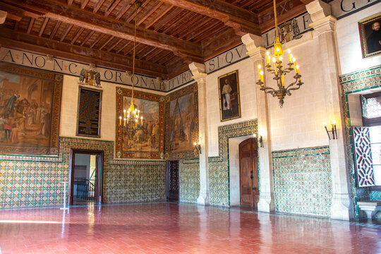 Gandia, Spain - January 9, 2023 - Interior view of the 14th century  Valencian Gothic style Ducal Palace of Gandia
