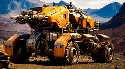 Yellow and black vehicle in desert area with mountains in the background.