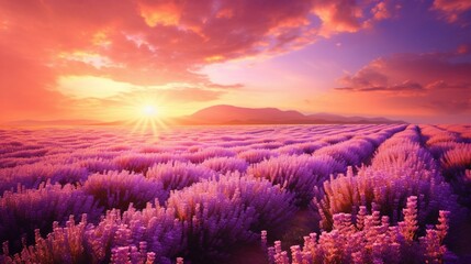 A serene field of lavender flowers with colors shifting from lavender to soft lilac.