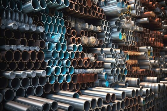 Stock of long metal pipes stored in aluminum factory warehouse. Generative AI