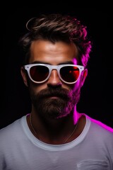 Fototapeta premium fashion portrait of young stylish bearded man in sunglasses, person with beard, in style of purple and red neon