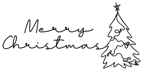 Merry Christmas Design | Xmas Tree Line Art | Festive Seasonal One Line Drawing