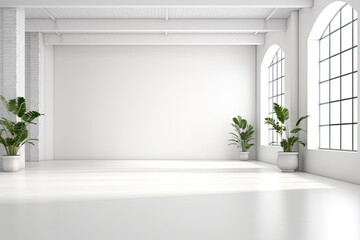 modern photo studio light room with white walls and green plants 