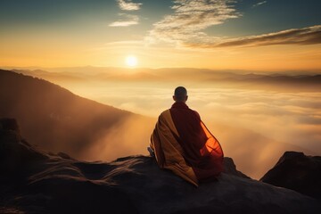 Fototapeta premium Tibetian monk meditating on top of the mountain