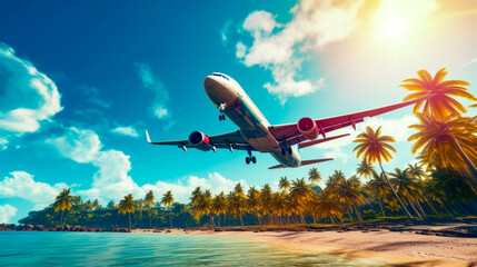 Large jetliner flying over sandy beach under blue cloudy sky. - obrazy, fototapety, plakaty
