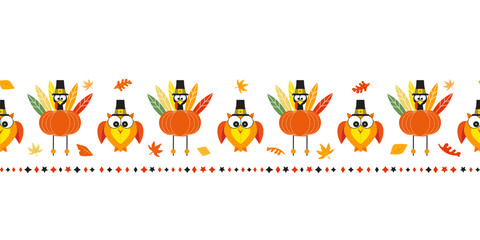 Thanksgiving Day Fall holiday fancy seamless vector flat border pattern. Cute turkey pumpkin, owl in pilgrim hat design element. Hand drawn Fall harvest fest celebration background frame illustration