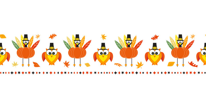 Thanksgiving Day Fall holiday fancy seamless vector flat border pattern. Cute turkey pumpkin, owl in pilgrim hat design element. Hand drawn Fall harvest fest celebration background frame illustration