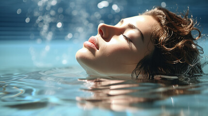  close up woman face who is arounded from water in a relaxed pose,  for symbolic message of a break, to escape from stress or problems or for enjoy wellness
