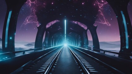 oncoming train in the night _A futuristic train that transports travelers to another dimension on a magical and mysterious  