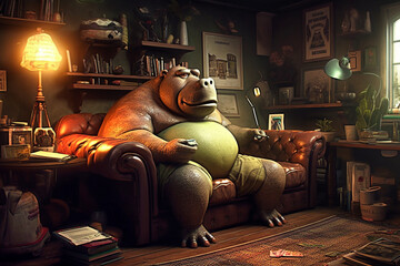 a large hippo is sitting on the sofa - obrazy, fototapety, plakaty