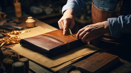 Italian Bookbinder Crafts Beautiful Tome from Leather with Careful Hands - obrazy, fototapety, plakaty
