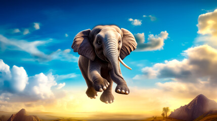 Painting of elephant flying through the air with blue sky in the background.