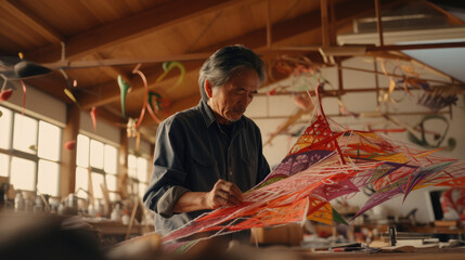 Japanese Kite Maker Creating Colorful Masterpiece