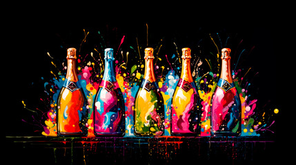 Watercolor illustration colorful champagne bottles set on a black background