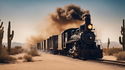 steam train in the desert, a western train  that chugs along a dusty desert - obrazy, fototapety, plakaty