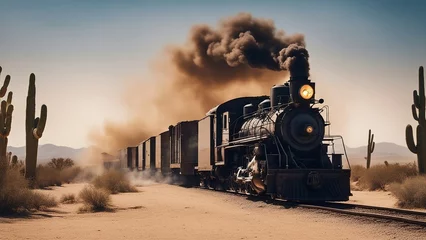 Poster steam train in the desert, a western train  that chugs along a dusty desert © Jared