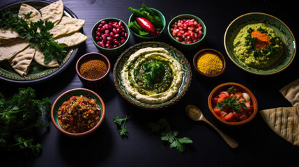 Table with Creamy Hummus Tabbouleh Shawarma: Inviting Lebanese Mezze
