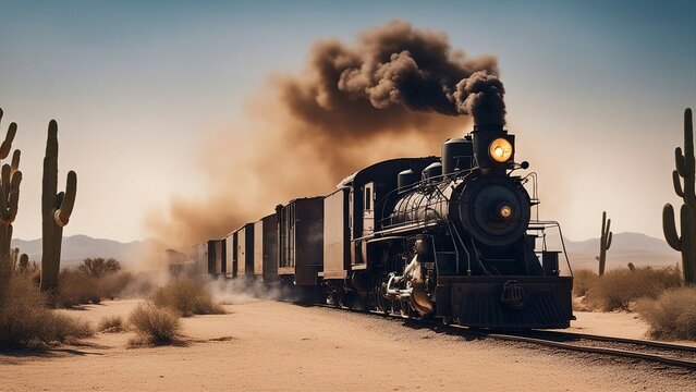 steam train in the desert, a western train  that chugs along a dusty desert