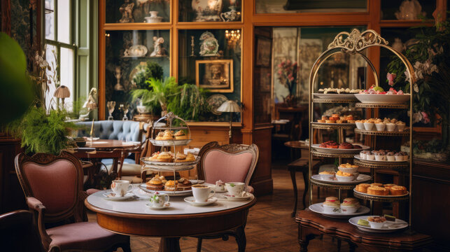 Charming British tearoom with scones sandwiches and tea