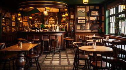 Fototapeta na wymiar Inviting Irish Pub with Hearty Stew Fish & Chips and Soda Bread