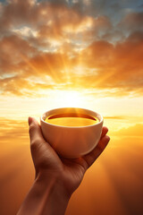 persons hand holding cup with hot black or green tea on sunny heaven background, point of view, man hold mug with beverage pov - obrazy, fototapety, plakaty