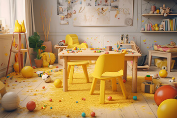 3d render of a children's room with a wooden table and yellow chairs