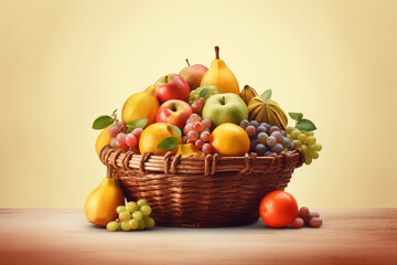 Basket of fresh fruits on a wooden table and yellow background.