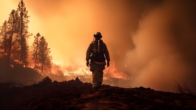 Silhouette of a firefighter in full gear, walking towards a large forest fire - the sky is filled with smoke - generative AI