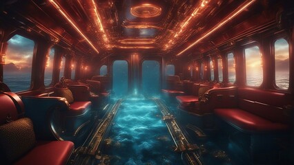 inside a train underwater Luxury train under the ocean in a lightning storm. Sci-fi Star Wars style fancy red gold detail