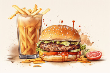 hamburger and cola - obrazy, fototapety, plakaty