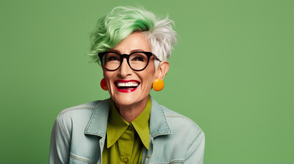 middle age woman with grey and green hair smile in studio, 50s 60s senior  female laughing, skincare and beauty concept