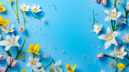 Blue background with white and yellow flowers on the bottom of the image.
