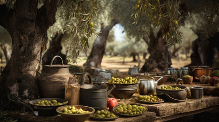 Rustic Spanish Olive Orchard with Marinated Olives and Jamón Ibérico