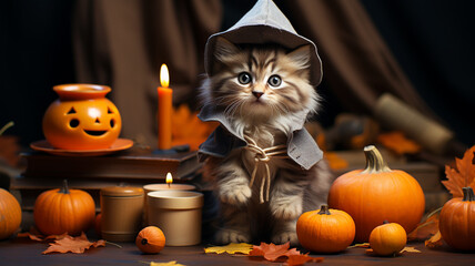 Kitten dressed as a witch for Halloween