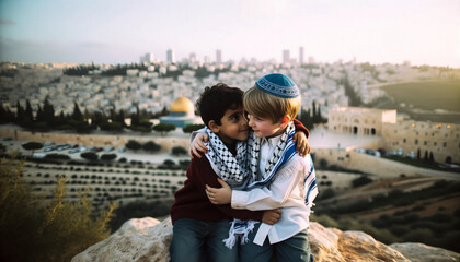 Symbol of Peace: Jewish and Palestinian Friends in Jerusalem. Generative ai