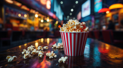 a striped red and white bucket of popcorn stands against the backdrop of a cinema hall, movie, food, day off, snack, fun, entertainment, pack, corn, fast food, film, cafe, lights, treat, bag, party