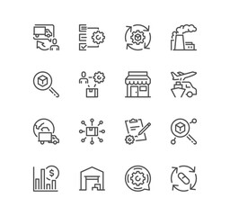 Set of value and supply chain related icons, product development, logistics, production, customer, innovation, material suppliers and linear variety vectors. - obrazy, fototapety, plakaty