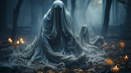 halloween background with ghost, ghost, forest and fog. halloween concept.