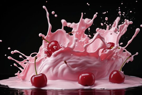 Frothy Cherry yogurt milk splash. Cream drink. Generate Ai