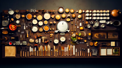 Wooden table topped with lots of different types of cooking utensils.