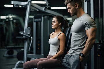 Fototapeta premium A man and a woman play sports in the gym with a personal trainer