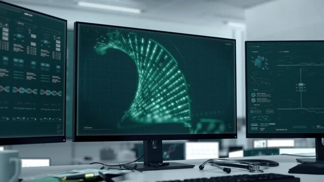 Modern medical system is examining the digital dna. Animation of the medical system analyzing the digital dna helix. Medical system is inspecting the digital dna spiral on the computer screen.